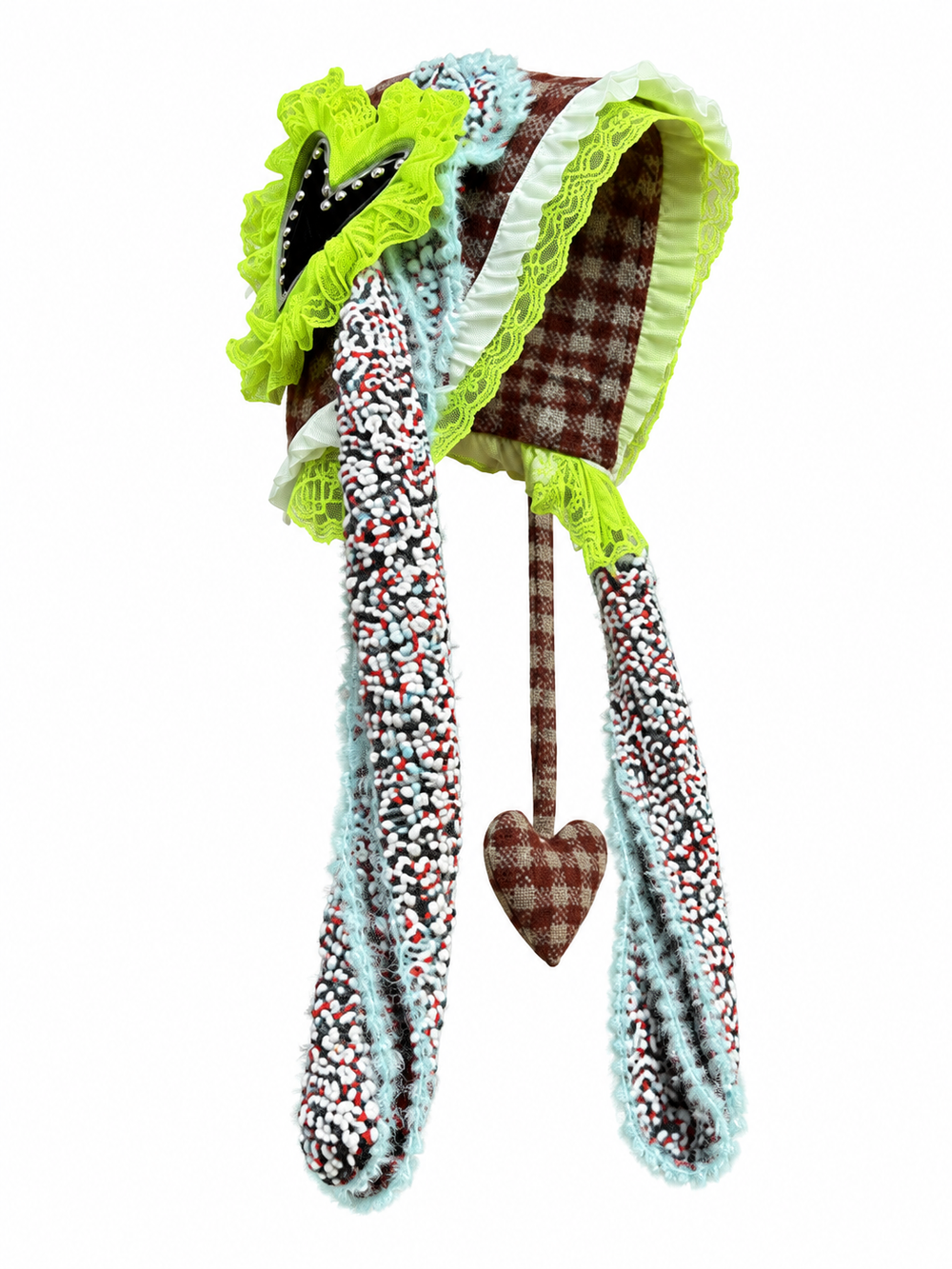 CANDY RIOT Heart Static Bonnet with long knitted ties, sold individually