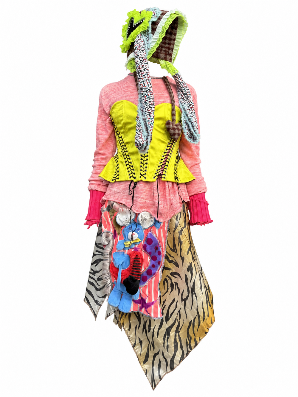 CANDY RIOT full four-piece look: pink hoodie, yellow corset, decorated skirt and bonnet