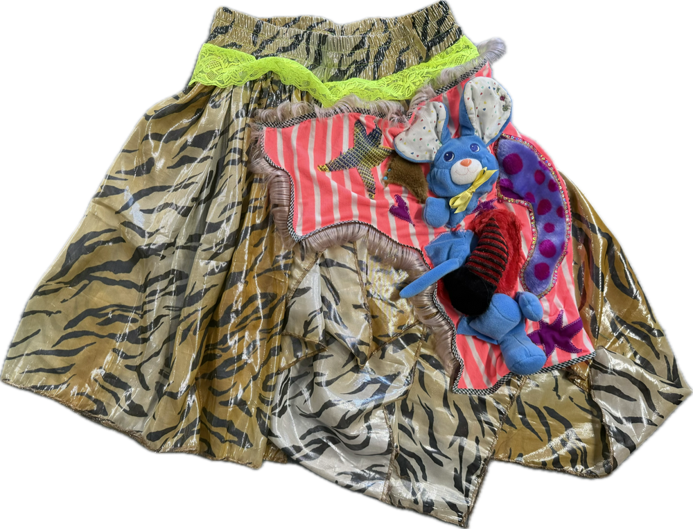 CANDY RIOT Toybox Tiger Skirt with attached plush and patchwork detail