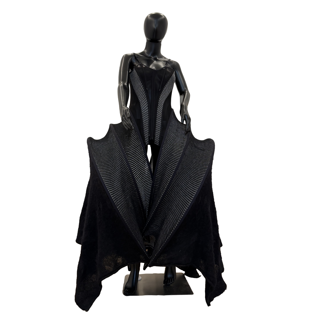 OBSIDIAN VAULT black gown with raised striped panels