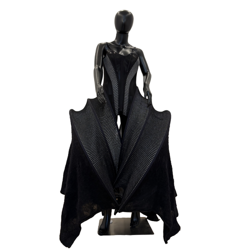 OBSIDIAN VAULT black gown with raised striped panels